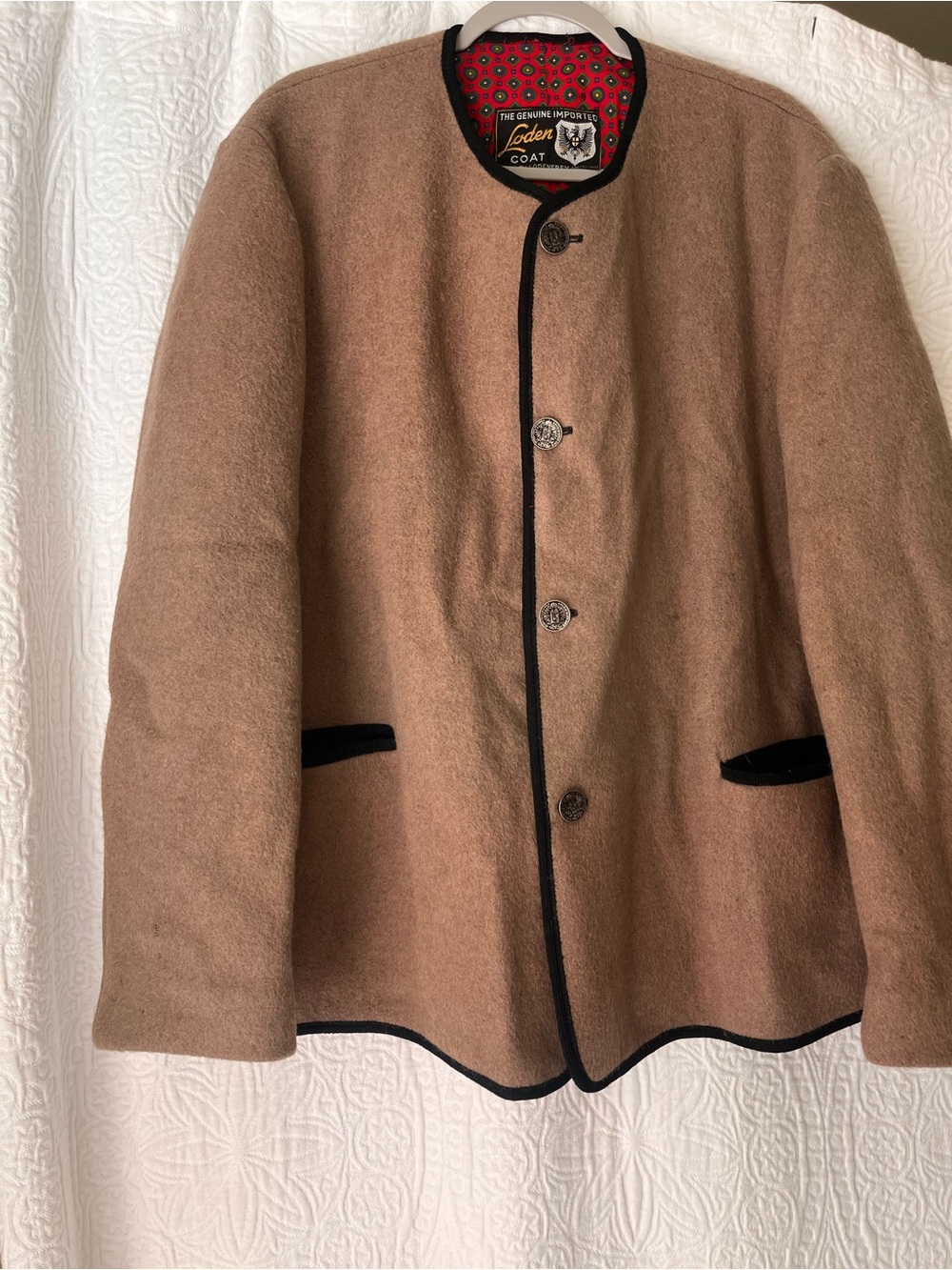 Unisex Brown Wool Pea Coat/ Barn Jacket with Black Trim